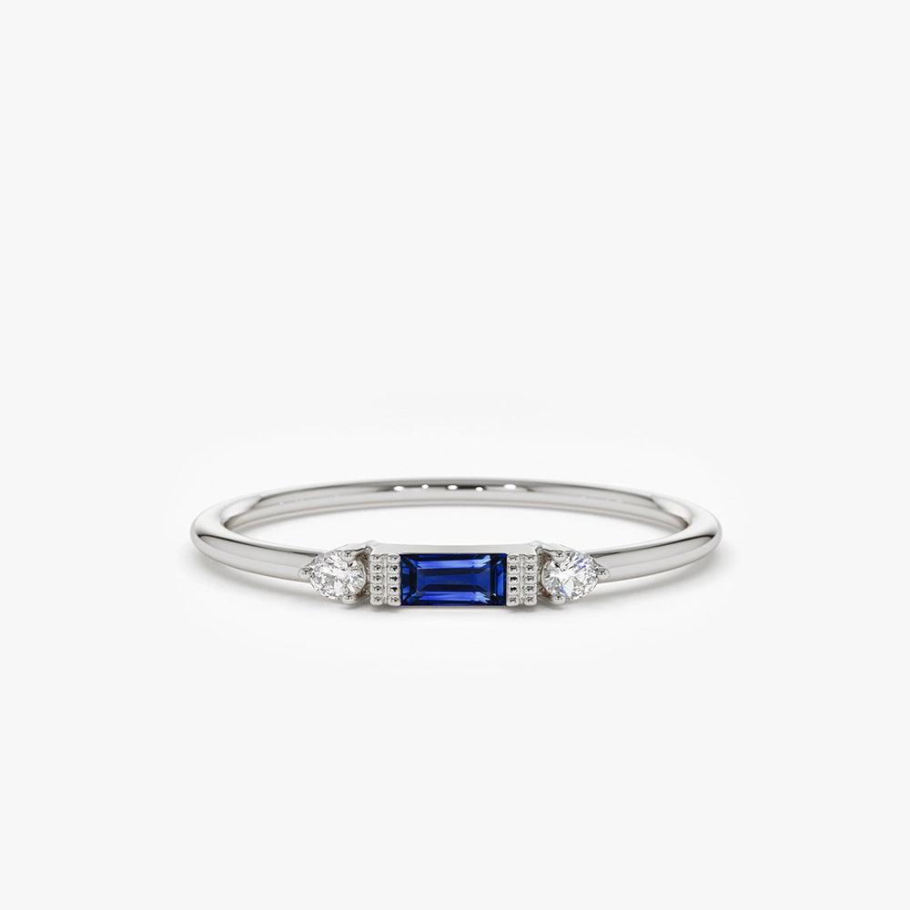 18K Baguette Blue Sapphire with Diamond Ring - Intou