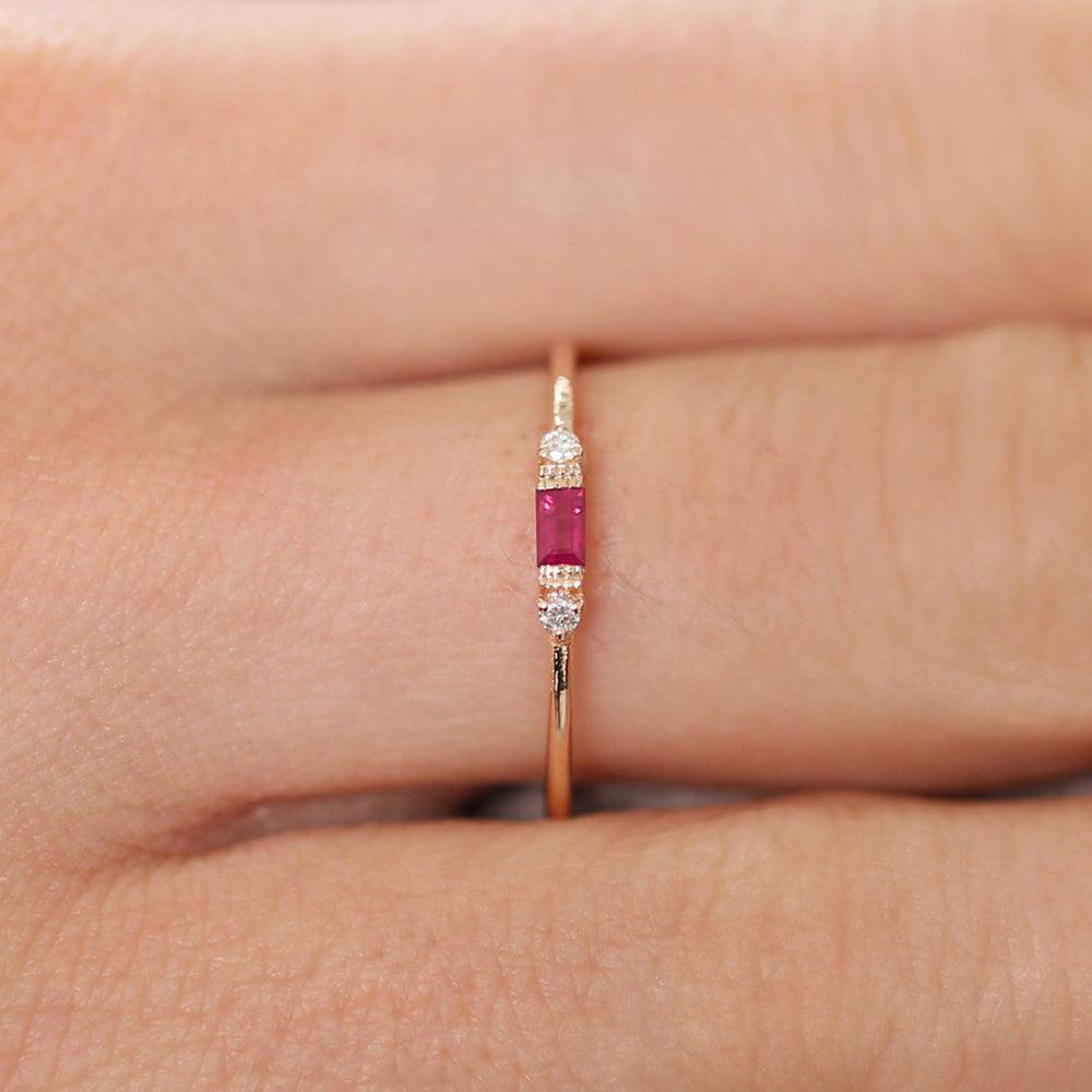 18K Baguette Ruby With Diamond Ring - Intou