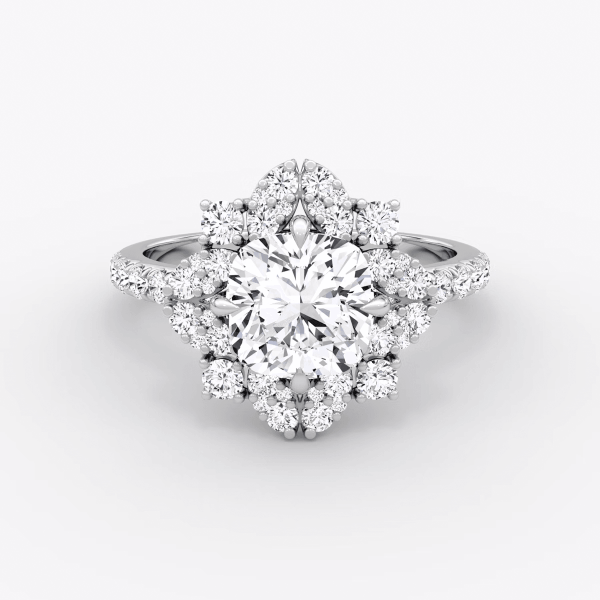 Fancy Floral Halo Cushion Cut Pave Engagement Ring - Intou