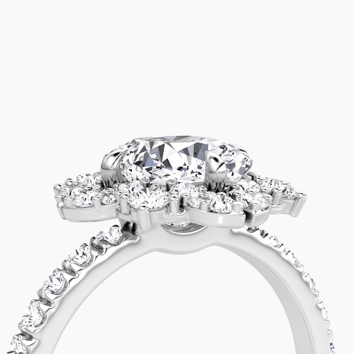 Fancy Floral Halo Cushion Cut Pave Engagement Ring - Intou