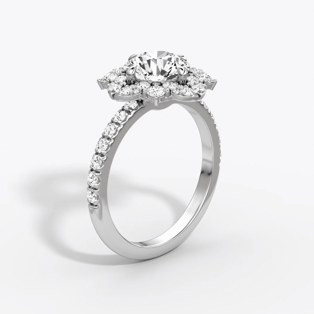 Fancy Floral Halo Round Cut Pave Engagement Ring - Intou